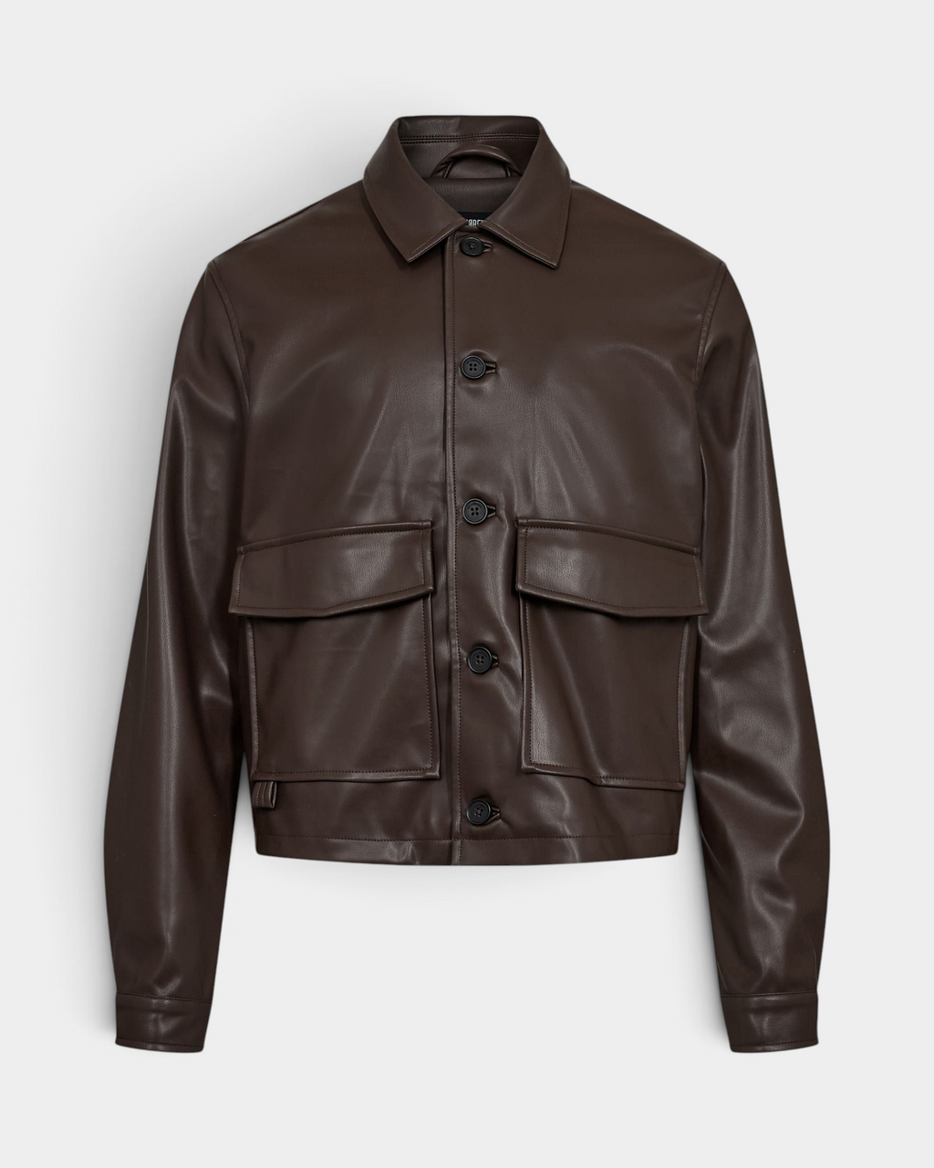 Han Kjøbenhavn Faux Leather Overshirt in Dark Brown laid flat from the front, a cropped boxy cut showing the point collar, five-button placket, two flap patch pockets and buttoned cuffs