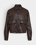 Han Kjøbenhavn Faux Leather Overshirt in Dark Brown laid flat from the front, a cropped boxy cut showing the point collar, five-button placket, two flap patch pockets and buttoned cuffs