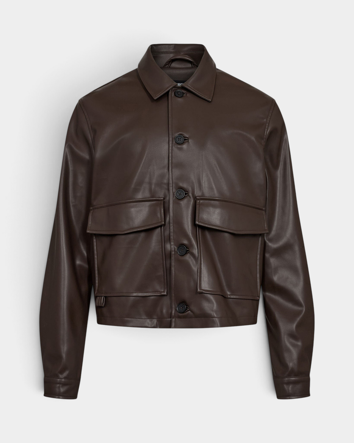Han Kjøbenhavn Faux Leather Overshirt in Dark Brown laid flat from the front, a cropped boxy cut showing the point collar, five-button placket, two flap patch pockets and buttoned cuffs
