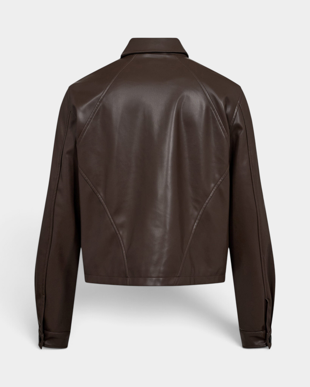 Han Kjøbenhavn Faux Leather Overshirt in Dark Brown laid flat from the back, showing the diamond cutline seams across the shoulders and the banded hem