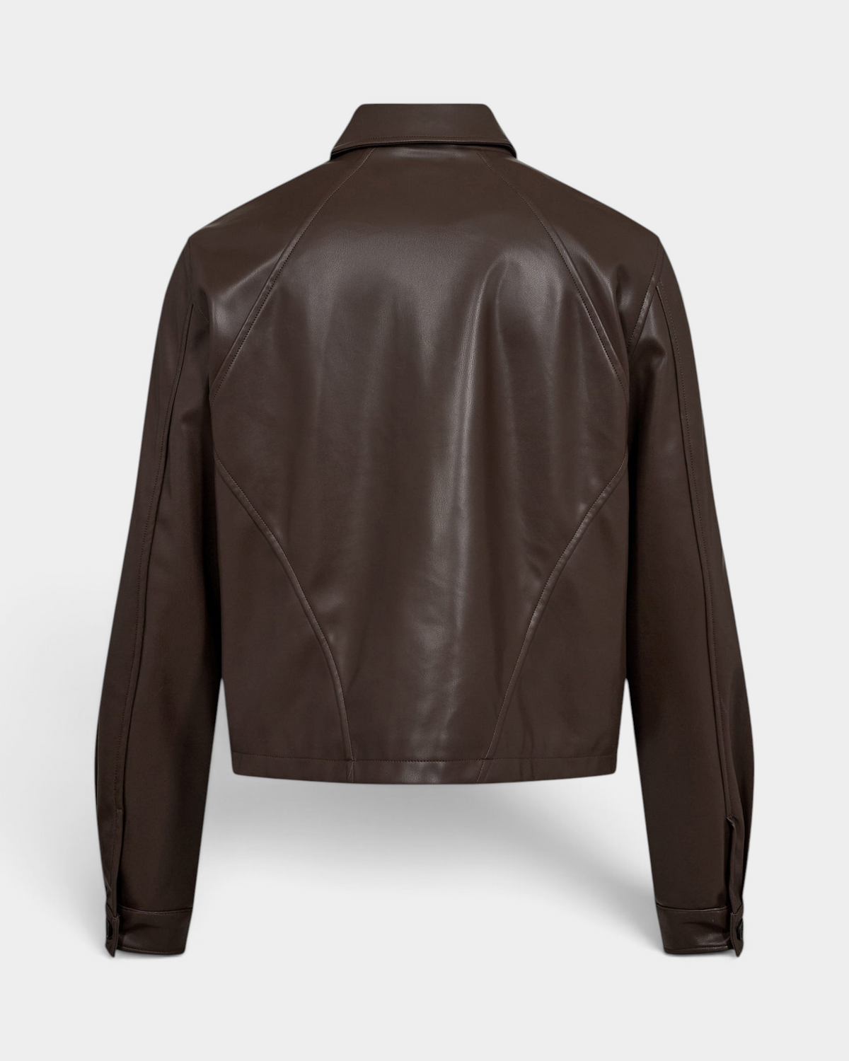 Han Kjøbenhavn Faux Leather Overshirt in Dark Brown laid flat from the back, showing the diamond cutline seams across the shoulders and the banded hem