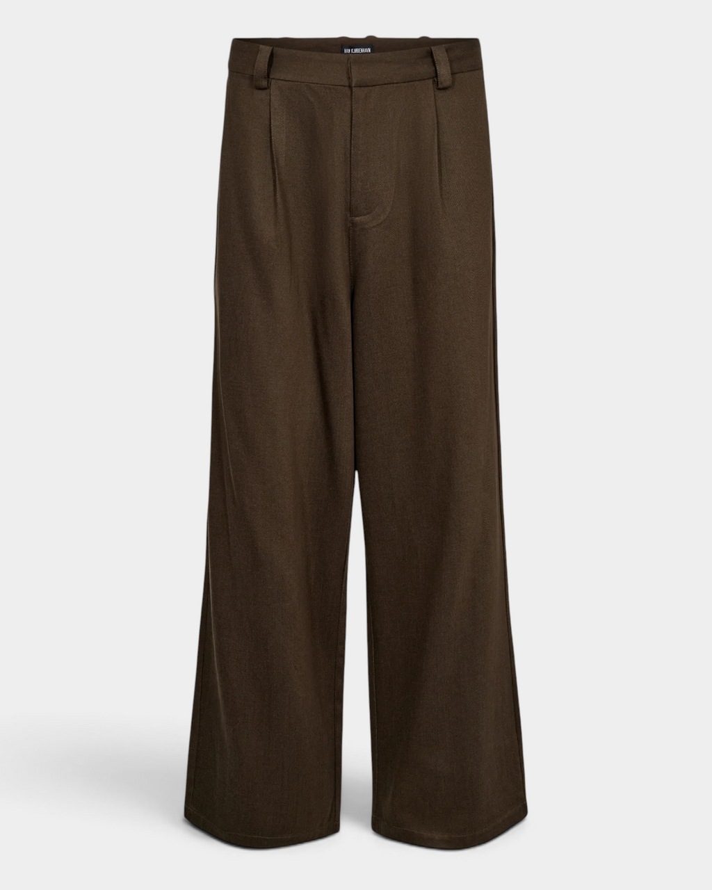 Han Kjøbenhavn Relaxed Tencel Trousers in Dark Brown laid flat from the front, showing the single front pleat, the mid-waist rise and the full wide leg