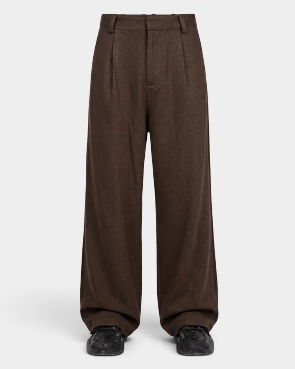 Han Kjøbenhavn Relaxed Tencel Trousers in Dark Brown worn, cropped from the waist down, showing how the wide leg breaks over the shoe