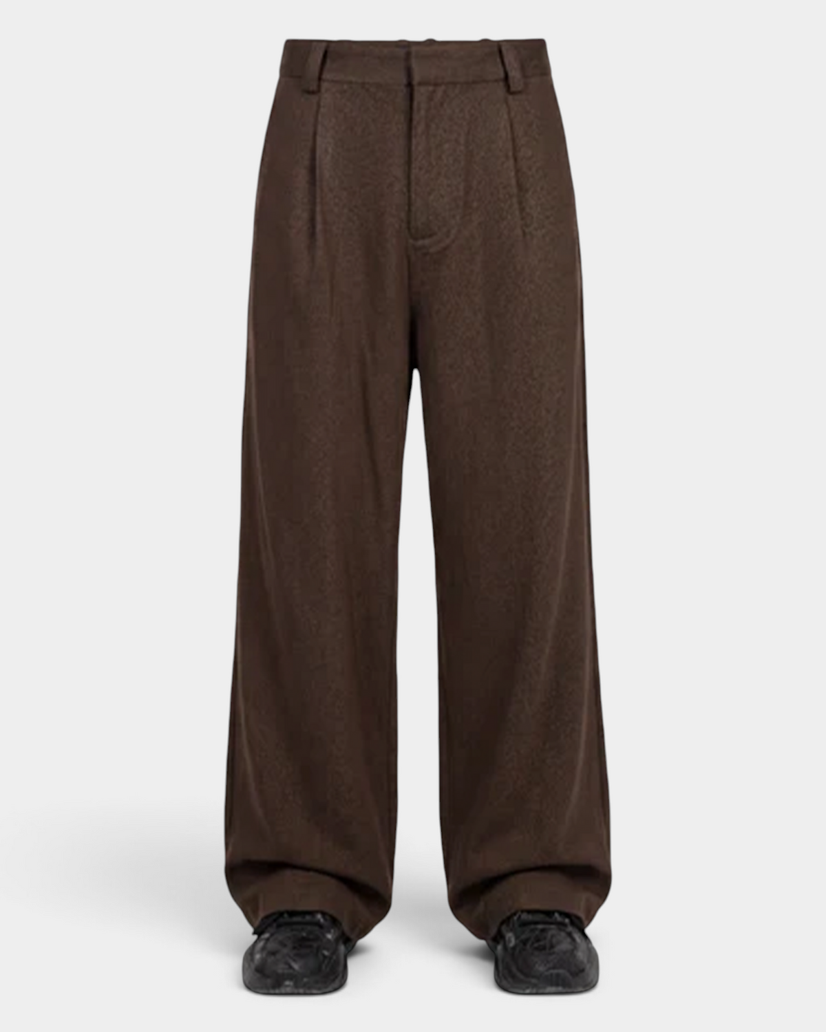 Han Kjøbenhavn Relaxed Tencel Trousers in Dark Brown worn, cropped from the waist down, showing how the wide leg breaks over the shoe