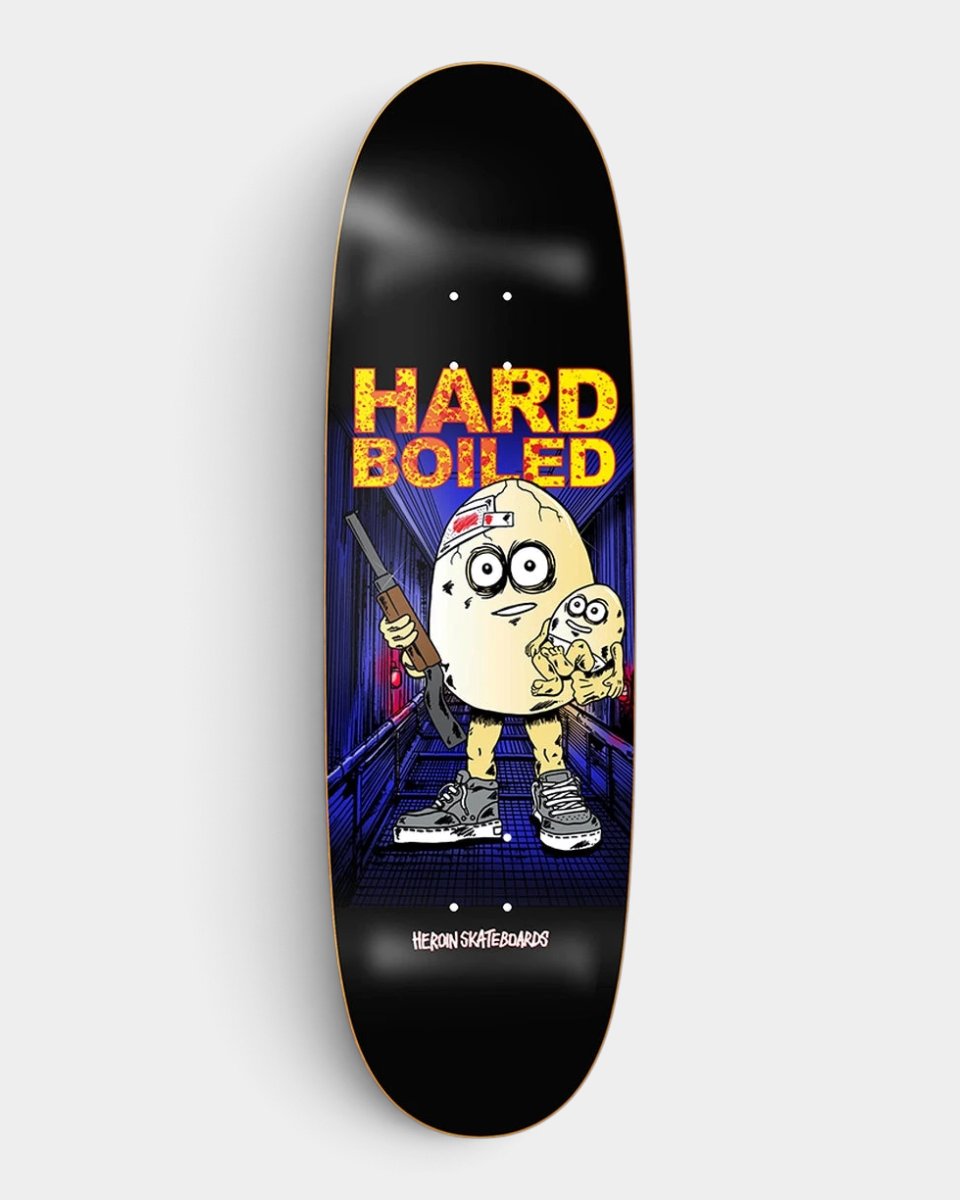 Lockwood Avenue Heroin Hard Boiled Egg 9.25 inch skateboard deck with a black base, an armed egg character carrying a smaller egg and red and yellow Hard Boiled lettering