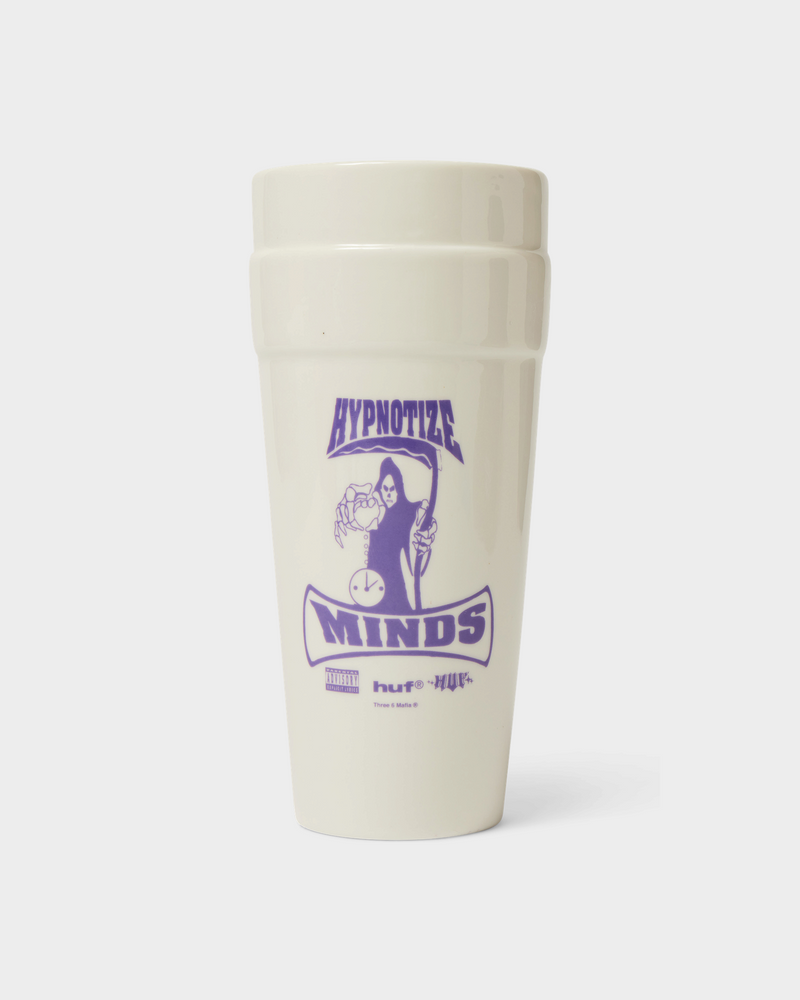 HUF x Three 6 Mafia Ceramic Double Cup - White, front, purple Hypnotize Minds reaper print