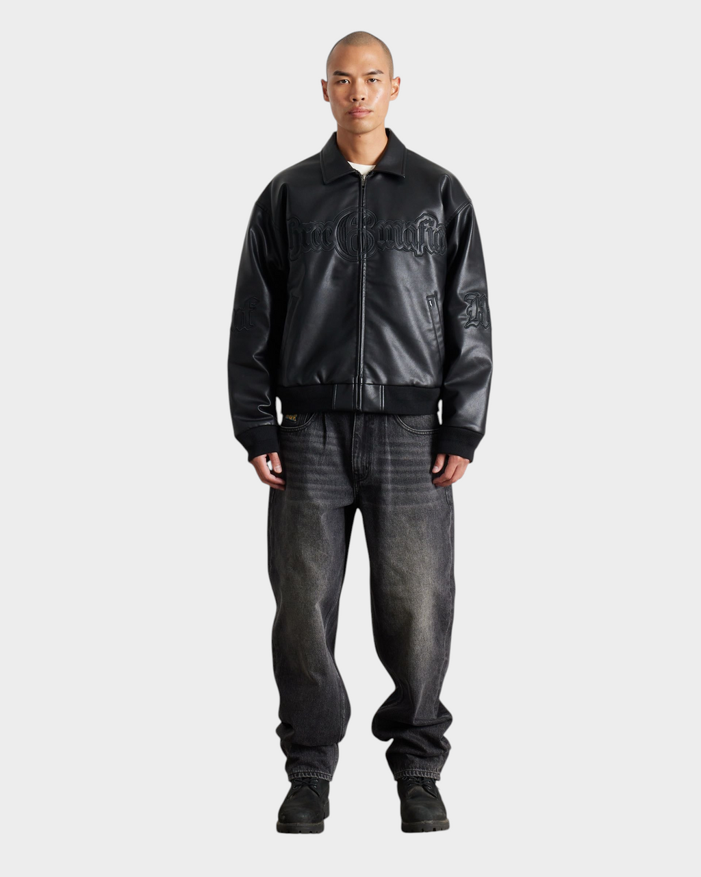 HUF x Three 6 Mafia Jacket - Black, worn by a model, full length