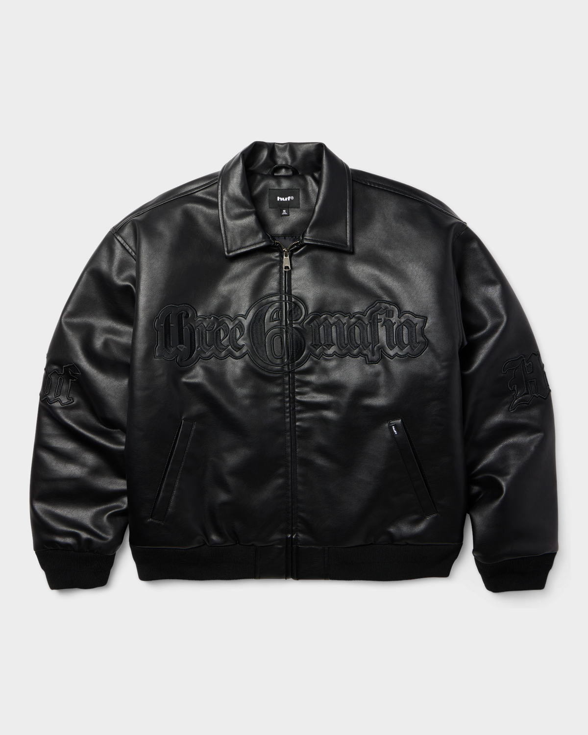 HUF x Three 6 Mafia Jacket - Black, front flat-lay, closed