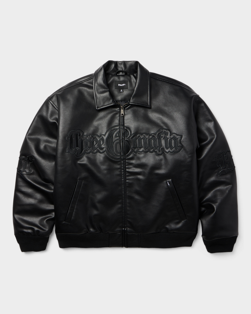 HUF x Three 6 Mafia Jacket - Black, front flat-lay, closed