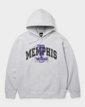 HUF x Three 6 Mafia Memphis Pullover Hoodie - Heather Grey, front flat-lay, Memphis arch print with the Minds logo