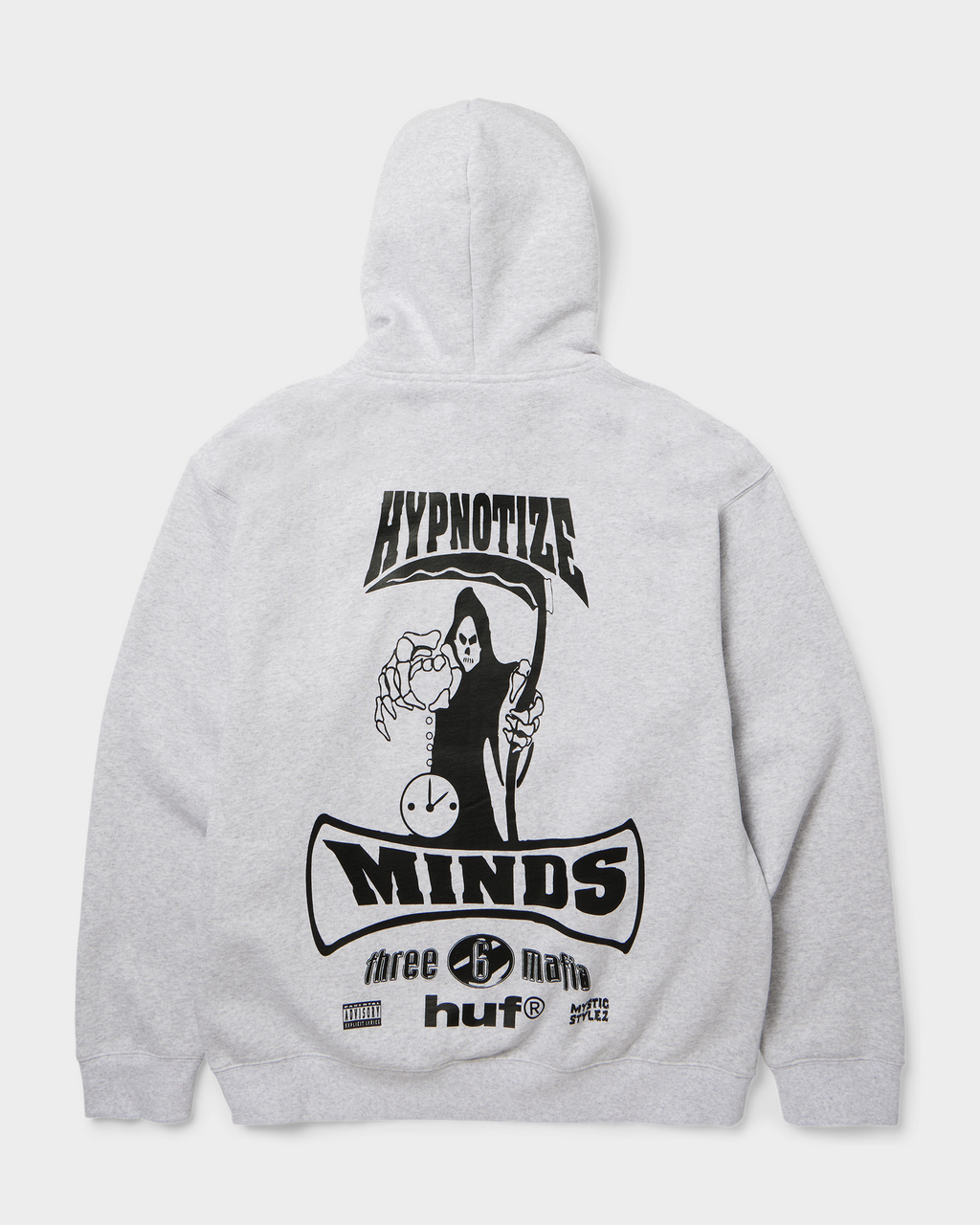 HUF x Three 6 Mafia Memphis Pullover Hoodie - Heather Grey, back flat-lay with the Hypnotize Minds graphic
