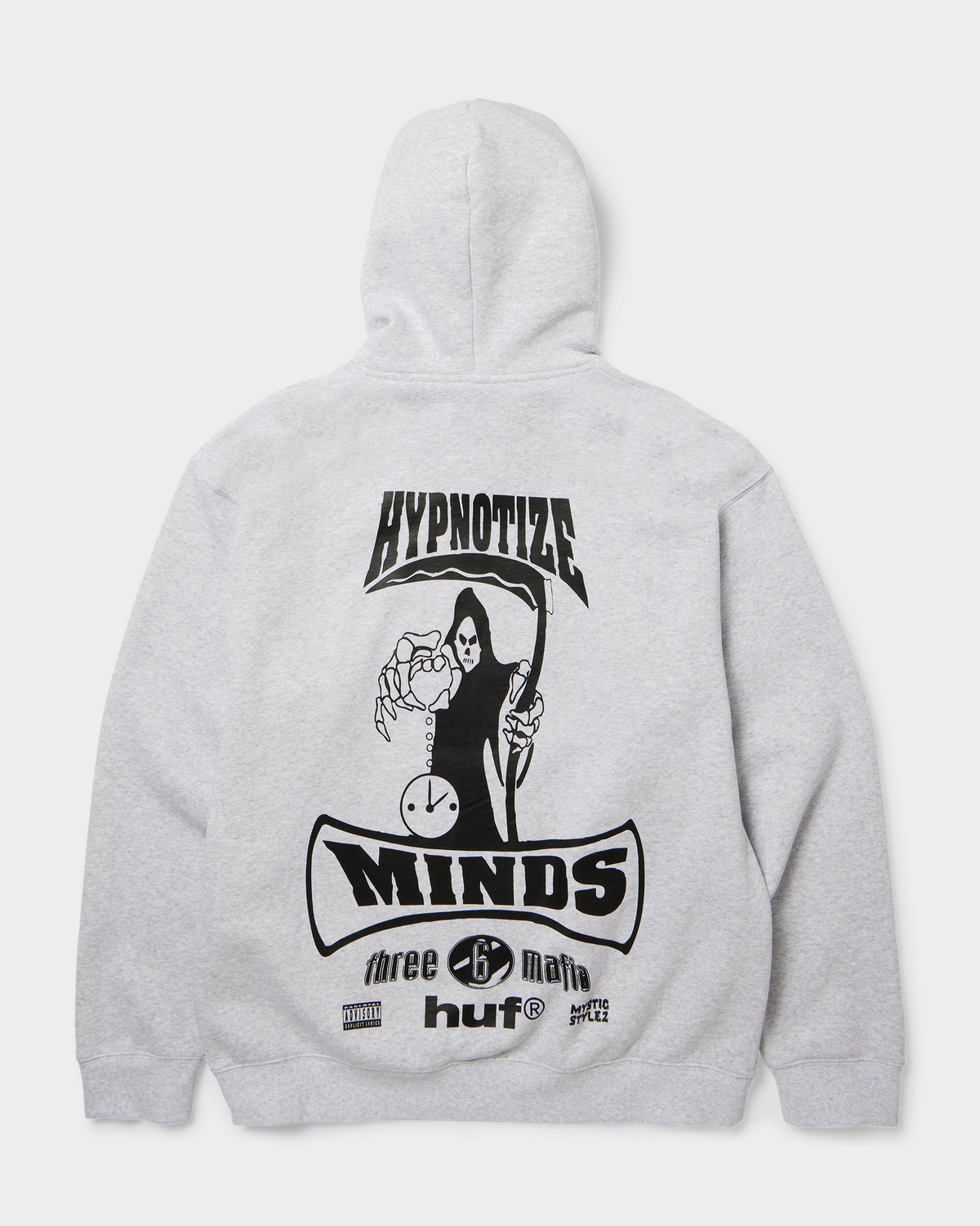 HUF x Three 6 Mafia Memphis Pullover Hoodie - Heather Grey, back flat-lay with the Hypnotize Minds graphic