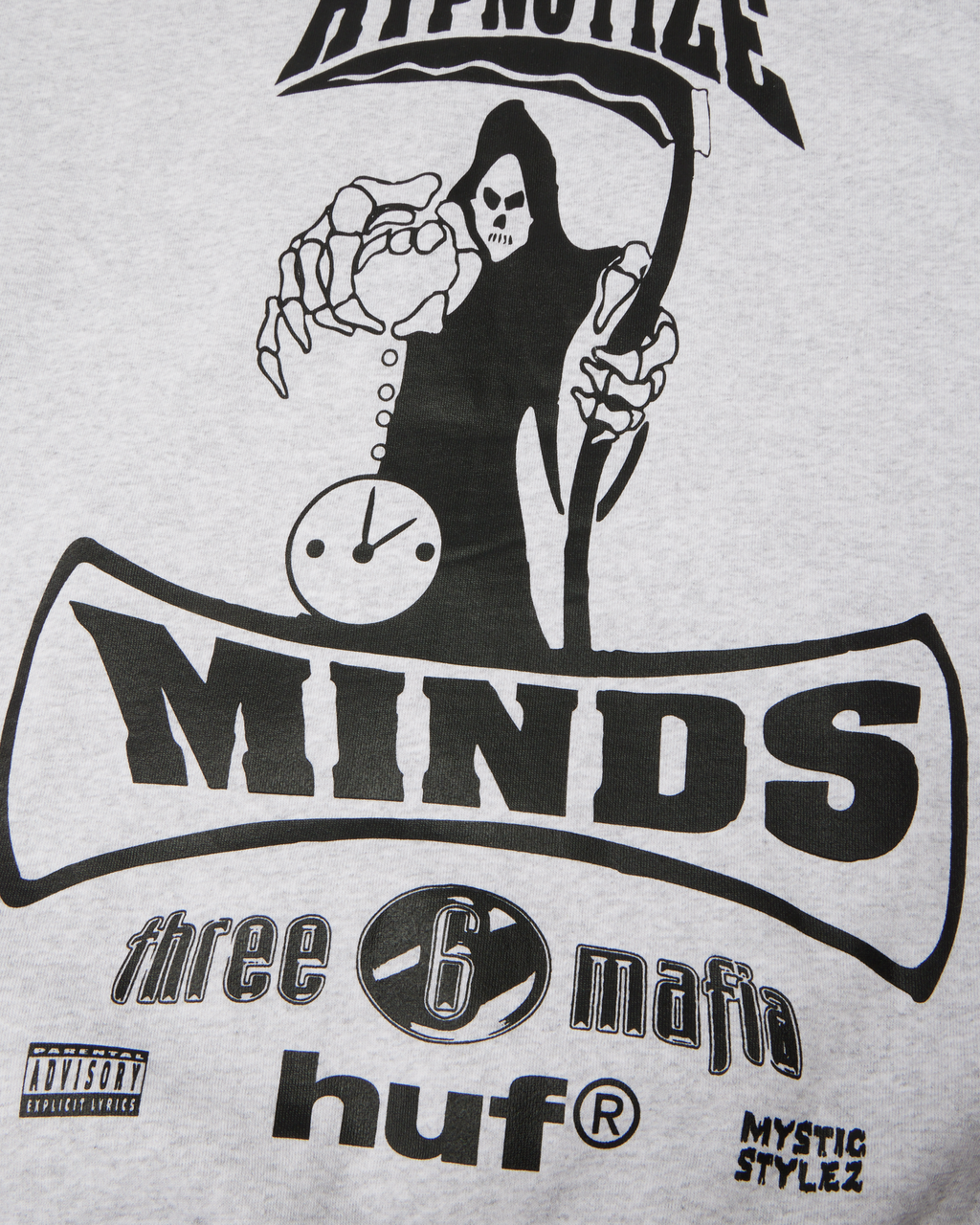 HUF x Three 6 Mafia Memphis Pullover Hoodie - Heather Grey, close-up of the back graphic