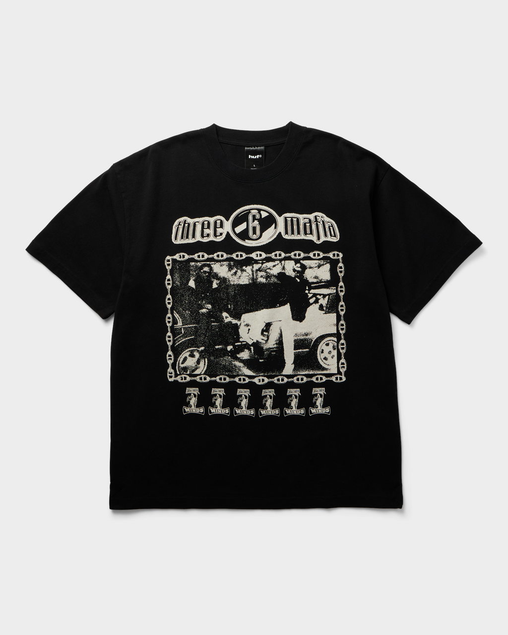 HUF x Three 6 Mafia Most Known Unknown T-Shirt - Washed Black, front flat-lay, three 6 mafia chain-frame photo print