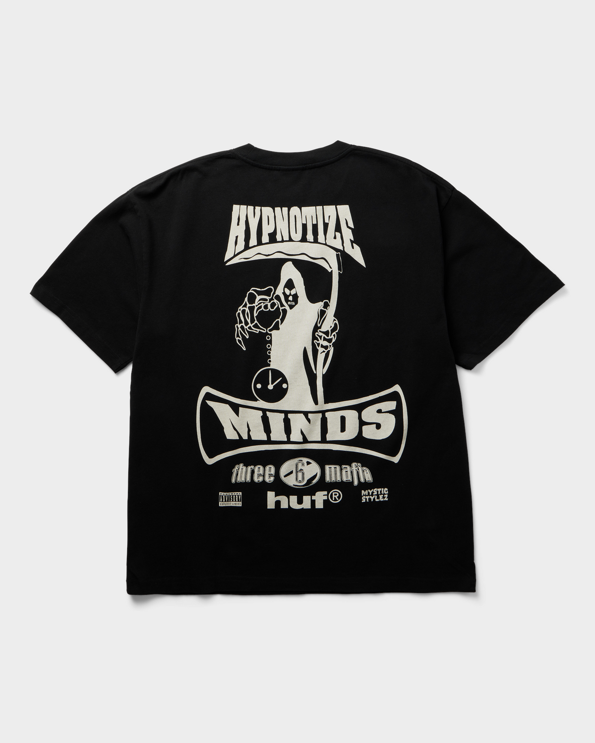 HUF x Three 6 Mafia Most Known Unknown T-Shirt - Washed Black, back flat-lay with the Hypnotize Minds graphic