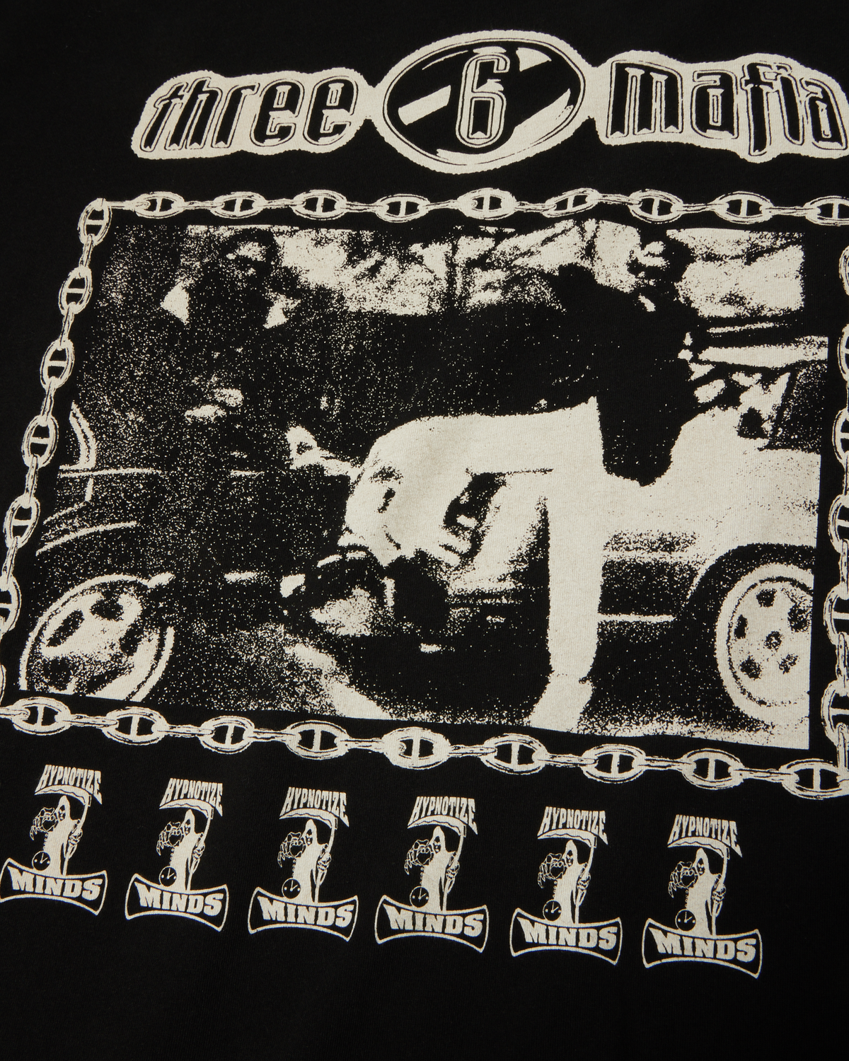 HUF x Three 6 Mafia Most Known Unknown T-Shirt - Washed Black, close-up of the front photo print