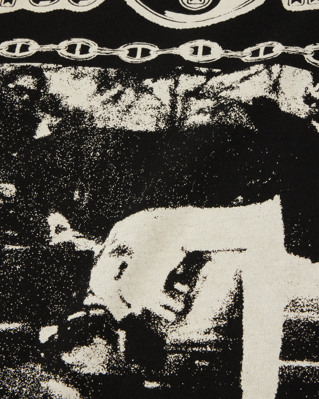 HUF x Three 6 Mafia Most Known Unknown T-Shirt - Washed Black, closer detail of the halftone photo print