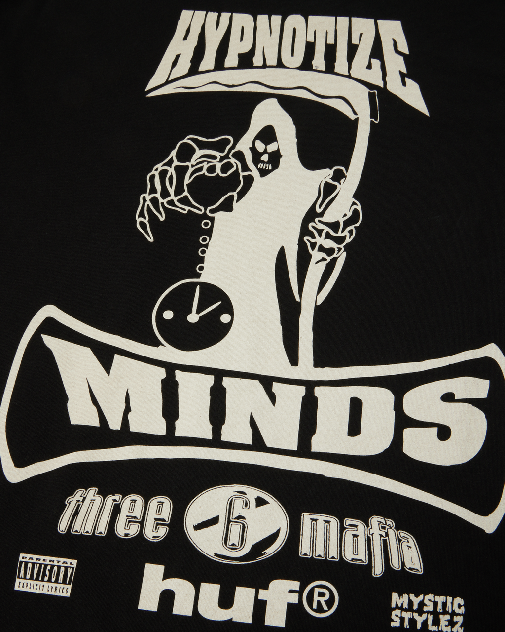 HUF x Three 6 Mafia Most Known Unknown T-Shirt - Washed Black, close-up of the back graphic