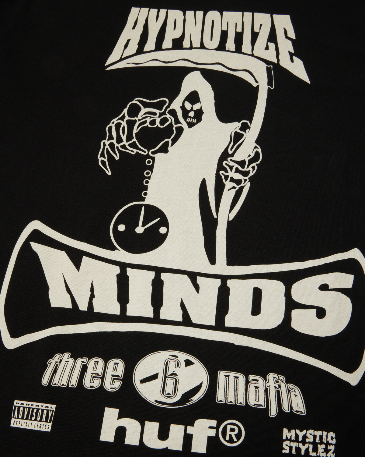 HUF x Three 6 Mafia Most Known Unknown T-Shirt - Washed Black, close-up of the back graphic