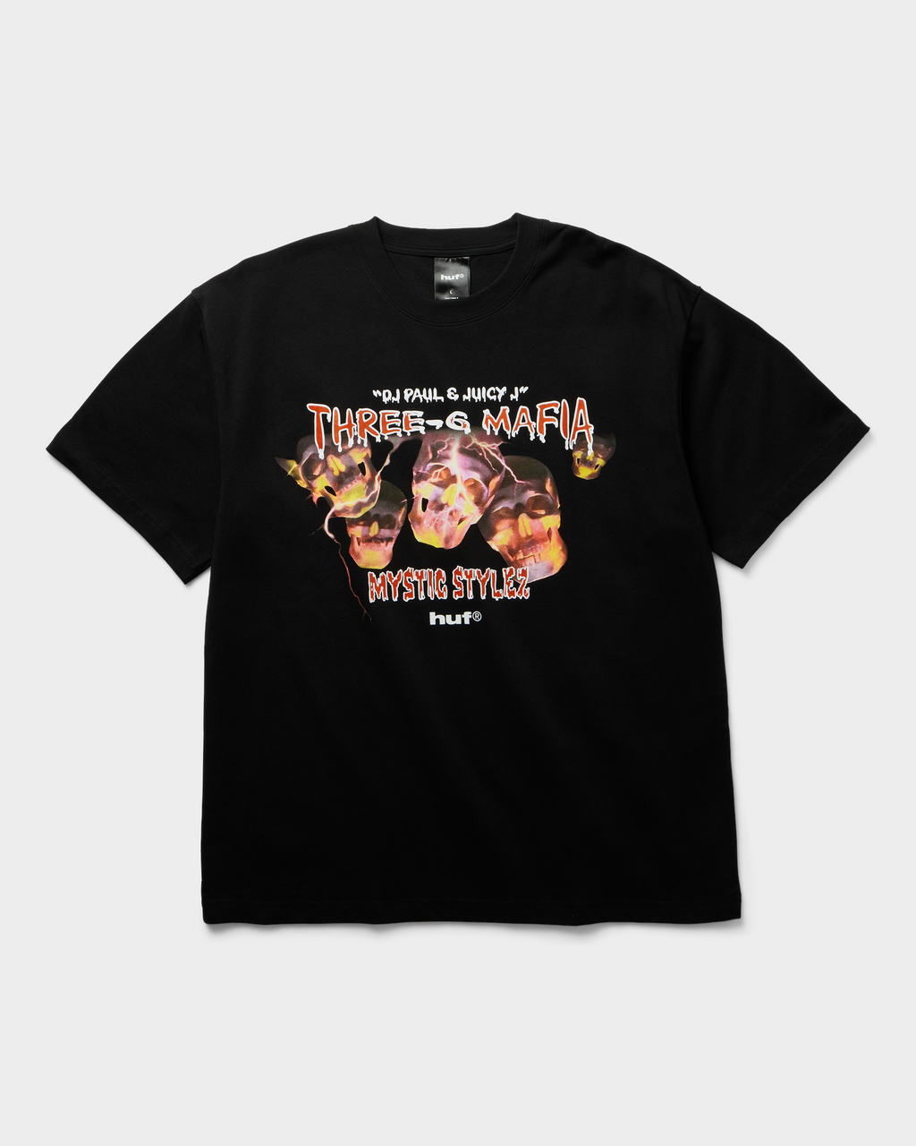 HUF x Three 6 Mafia Mystic Styles T-Shirt - Black, front flat-lay, three skulls and Mystic Stylez print
