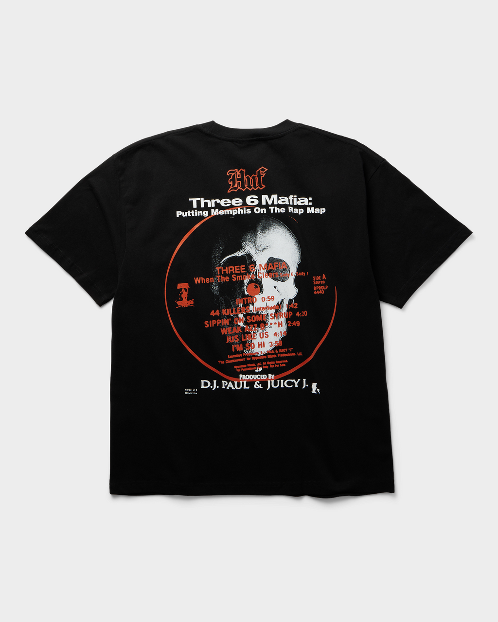 HUF x Three 6 Mafia Mystic Styles T-Shirt - Black, back flat-lay with the record-label print