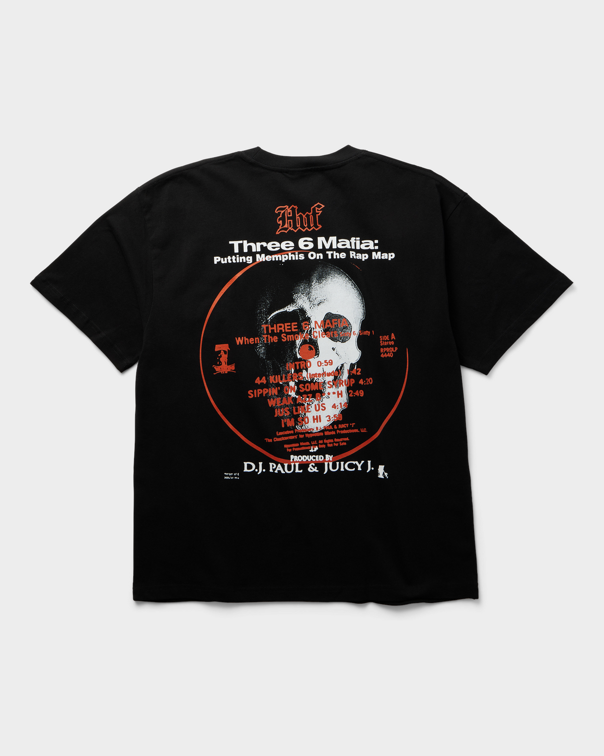 HUF x Three 6 Mafia Mystic Styles T-Shirt - Black, back flat-lay with the record-label print