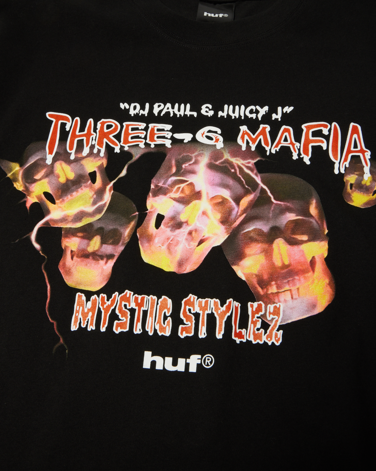 HUF x Three 6 Mafia Mystic Styles T-Shirt - Black, close-up of the front skull print