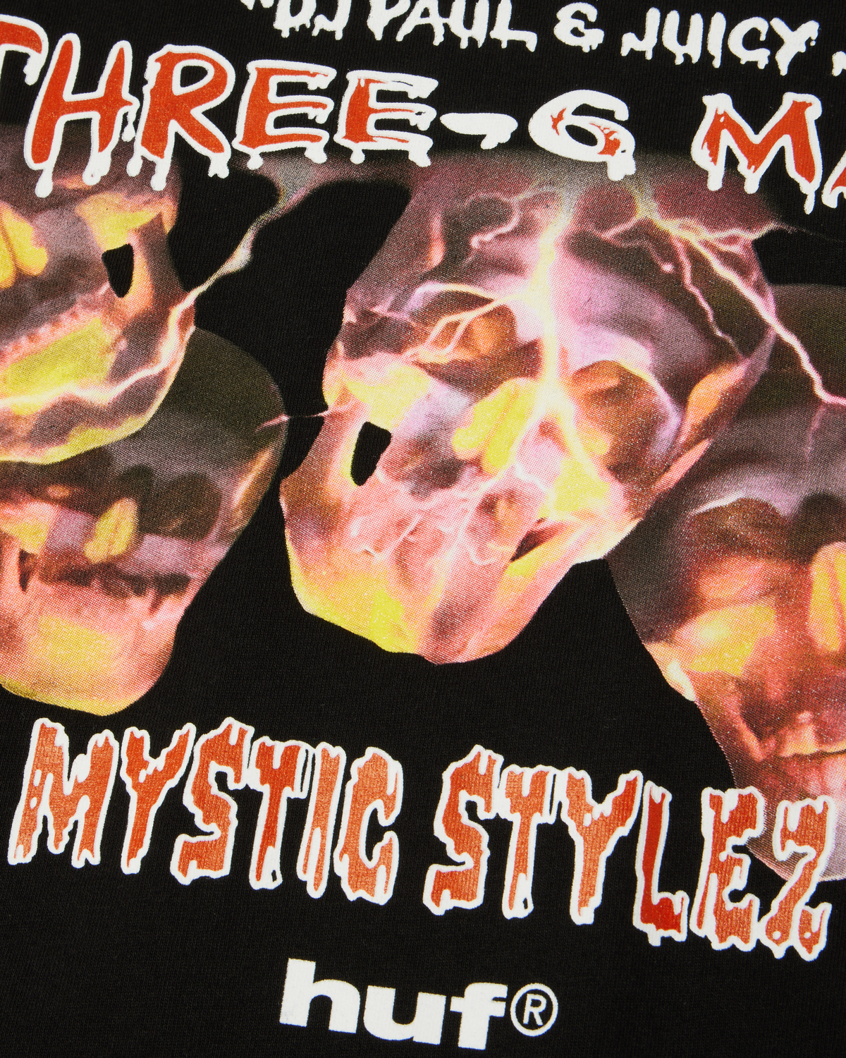 HUF x Three 6 Mafia Mystic Styles T-Shirt - Black, closer detail of the skulls and lettering
