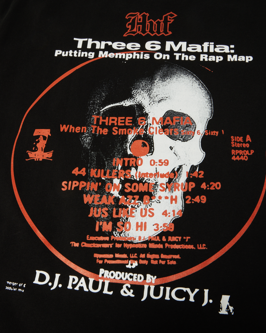 HUF x Three 6 Mafia Mystic Styles T-Shirt - Black, close-up of the back record print