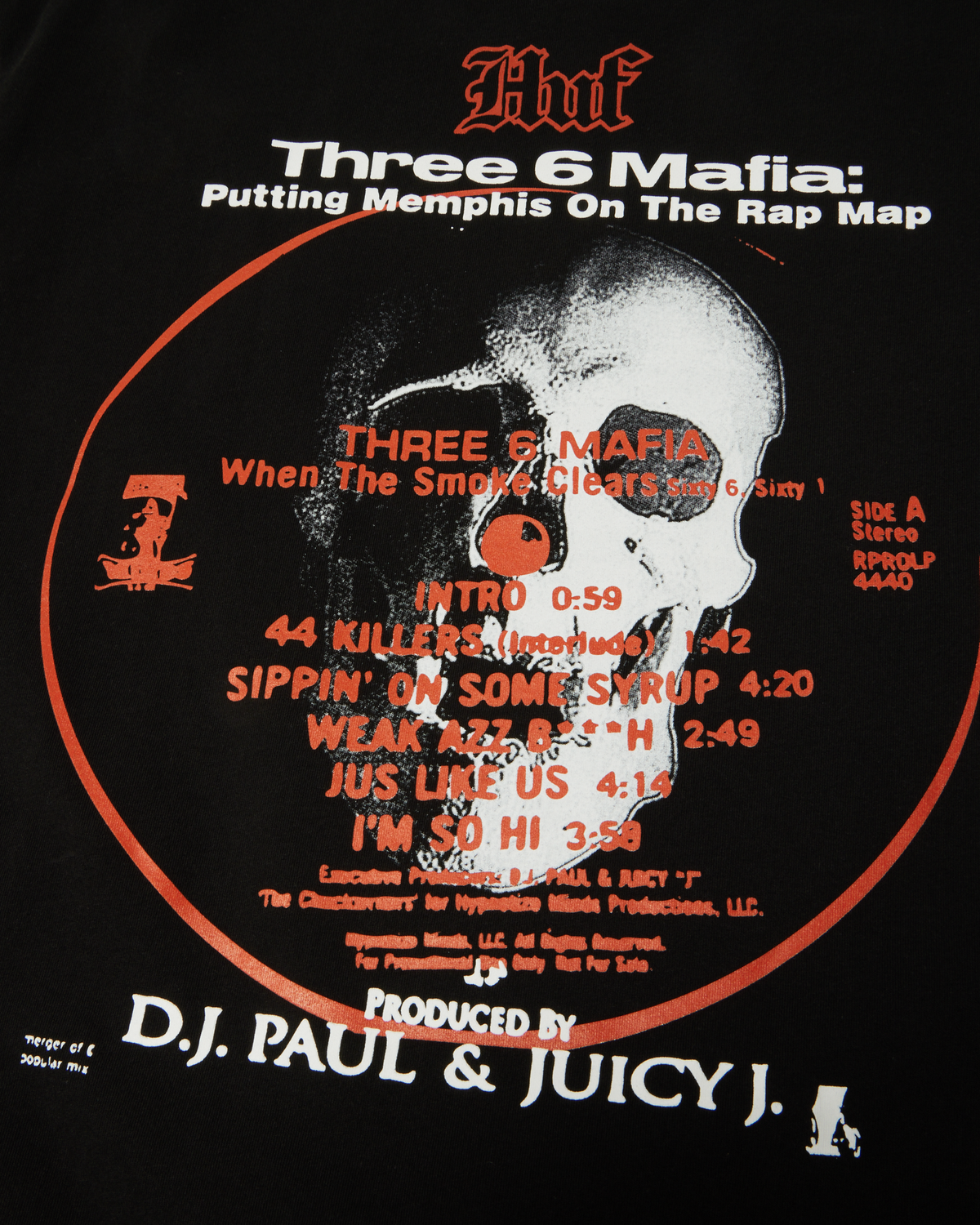 HUF x Three 6 Mafia Mystic Styles T-Shirt - Black, close-up of the back record print