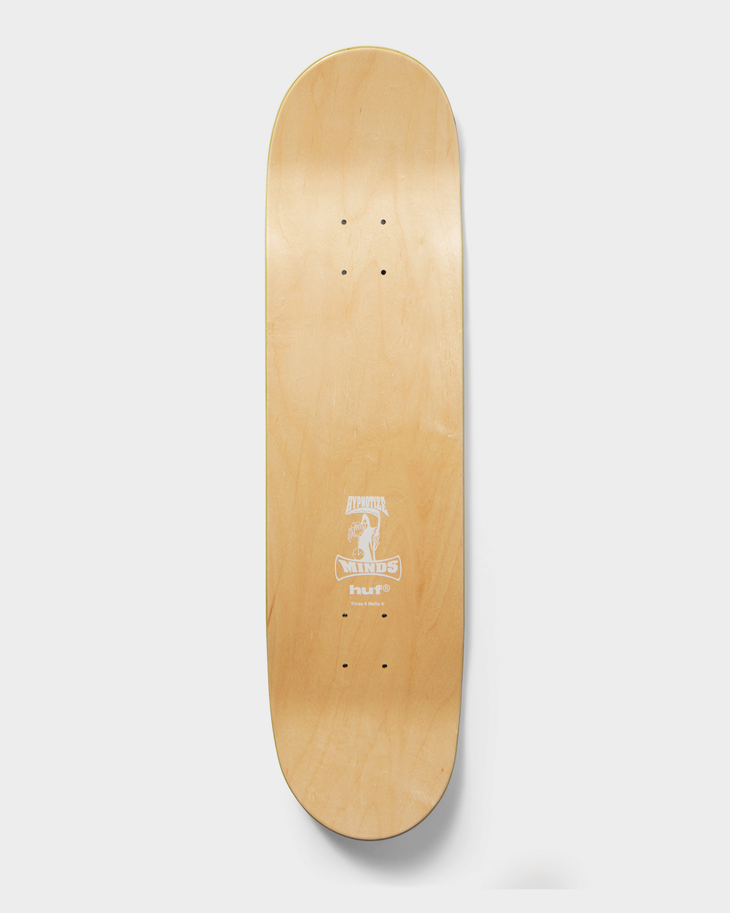 HUF x Three 6 Mafia Skate Deck 8.25" - Multi, natural maple underside with the Hypnotize Minds logo