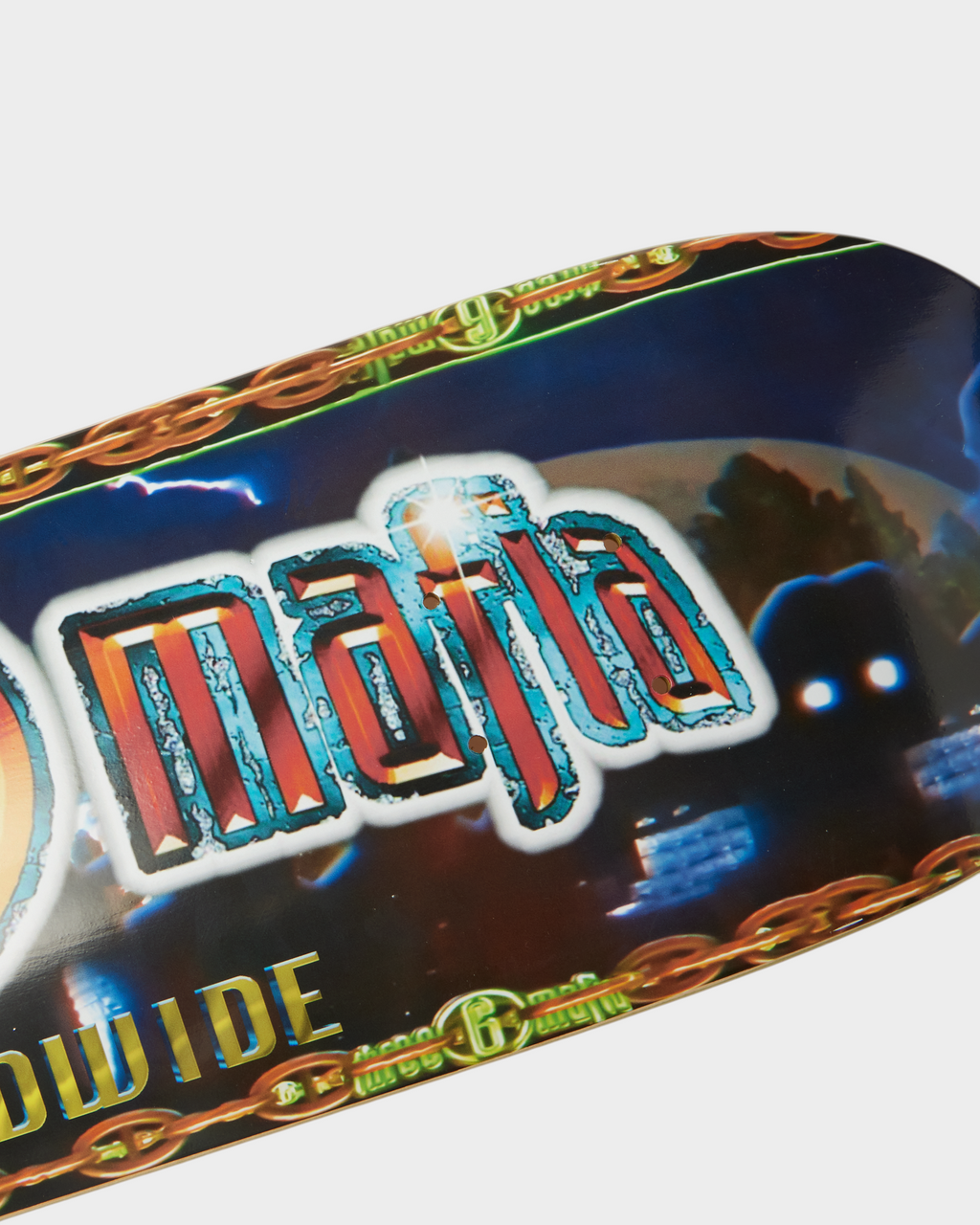HUF x Three 6 Mafia Skate Deck 8.25" - Multi, close-up of the mafia lettering on the top graphic