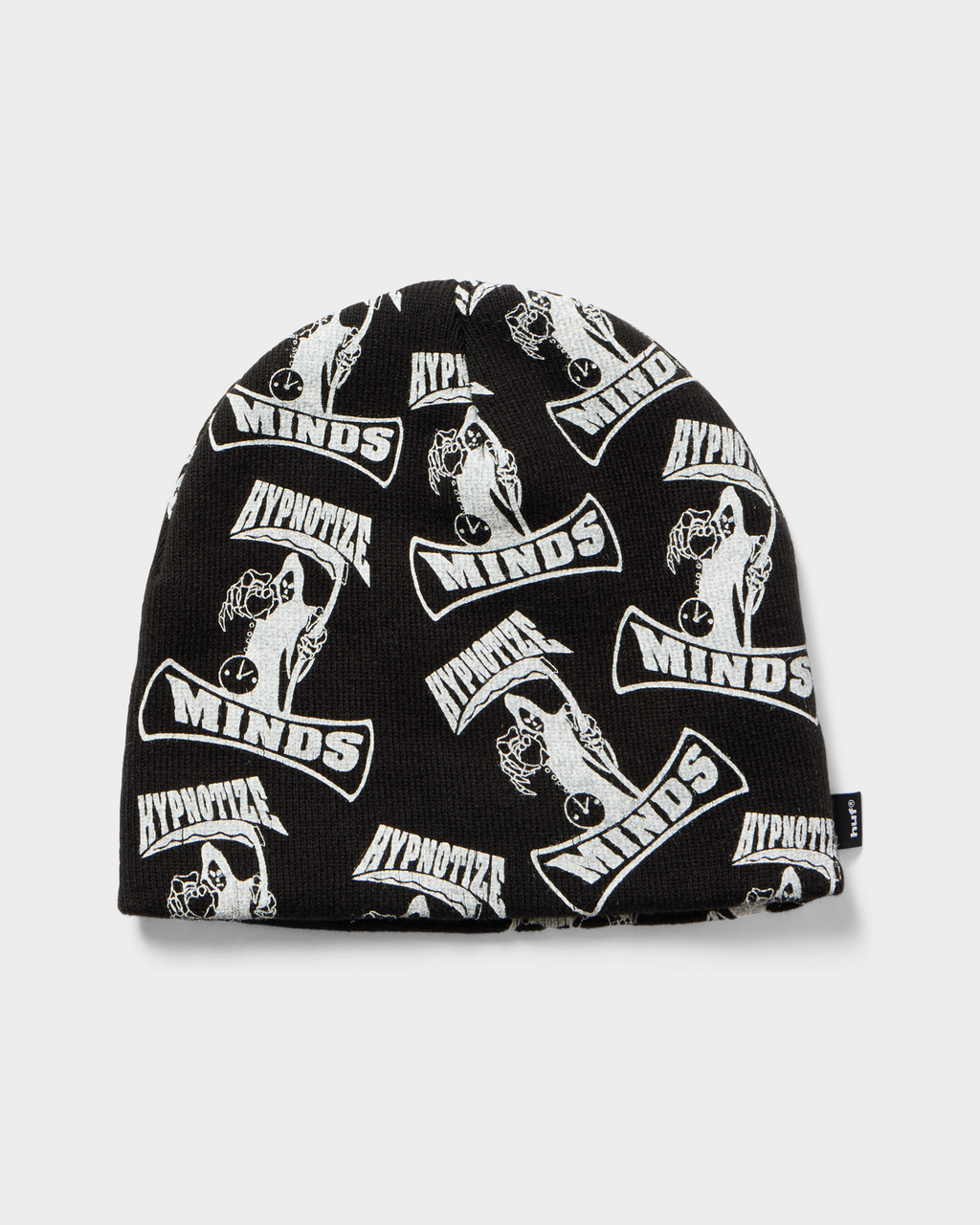 HUF x Three 6 Mafia Skull Beanie - Black, turned slightly, same all-over print