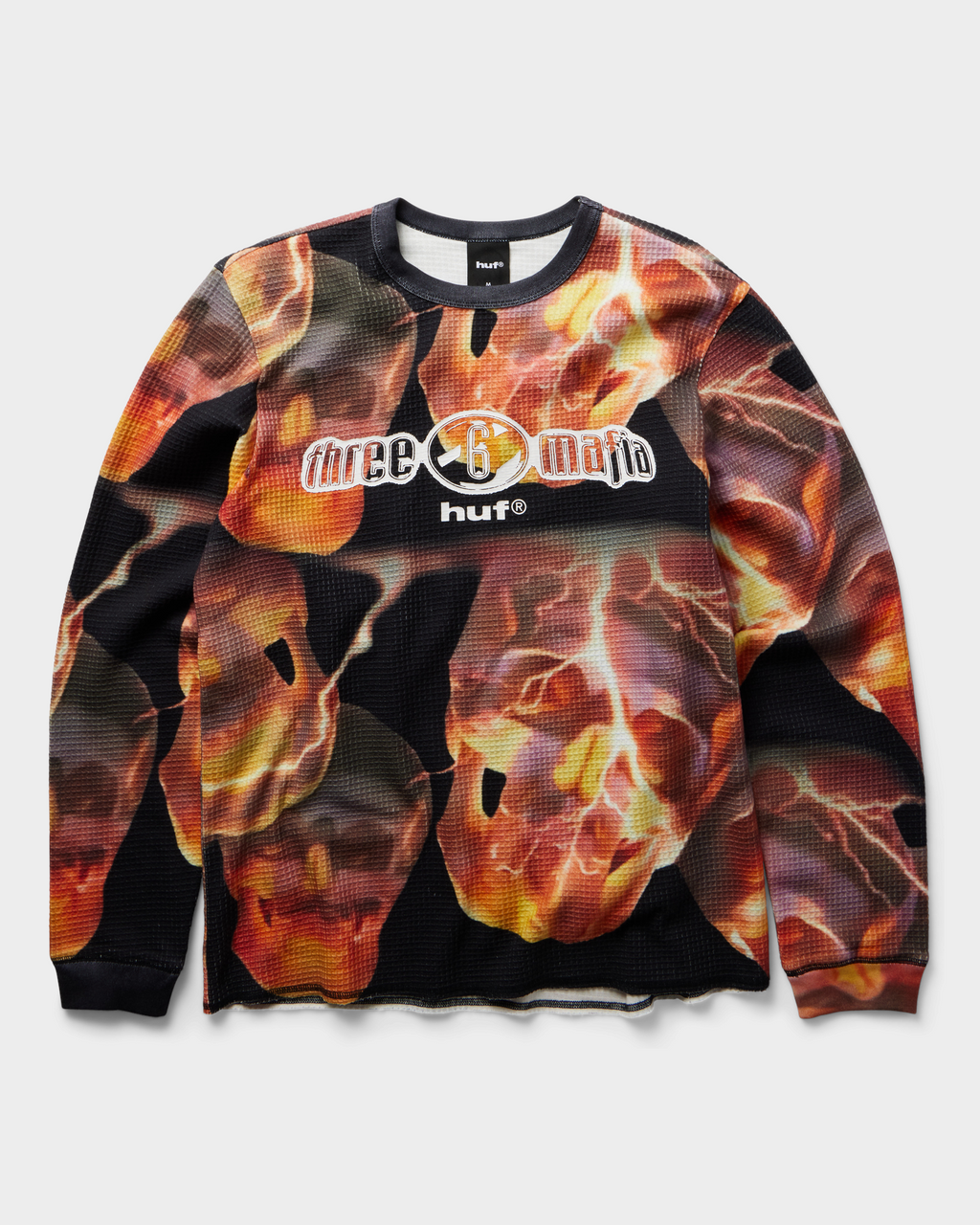 HUF x Three 6 Mafia Torched Long-Sleeve Thermal Shirt - Multi, front flat-lay, all-over flaming skull print with the three 6 mafia logo