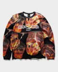 HUF x Three 6 Mafia Torched Long-Sleeve Thermal Shirt - Multi, front flat-lay, all-over flaming skull print with the three 6 mafia logo