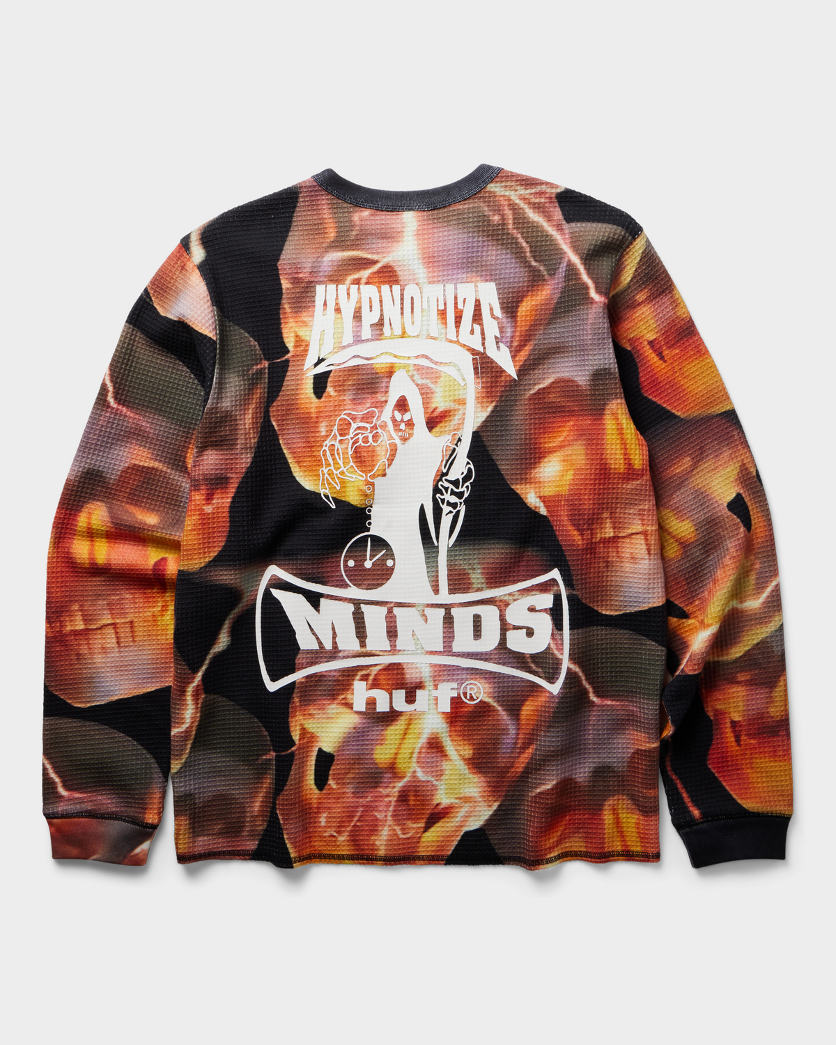 HUF x Three 6 Mafia Torched Long-Sleeve Thermal Shirt - Multi, back flat-lay with the Hypnotize Minds reaper graphic