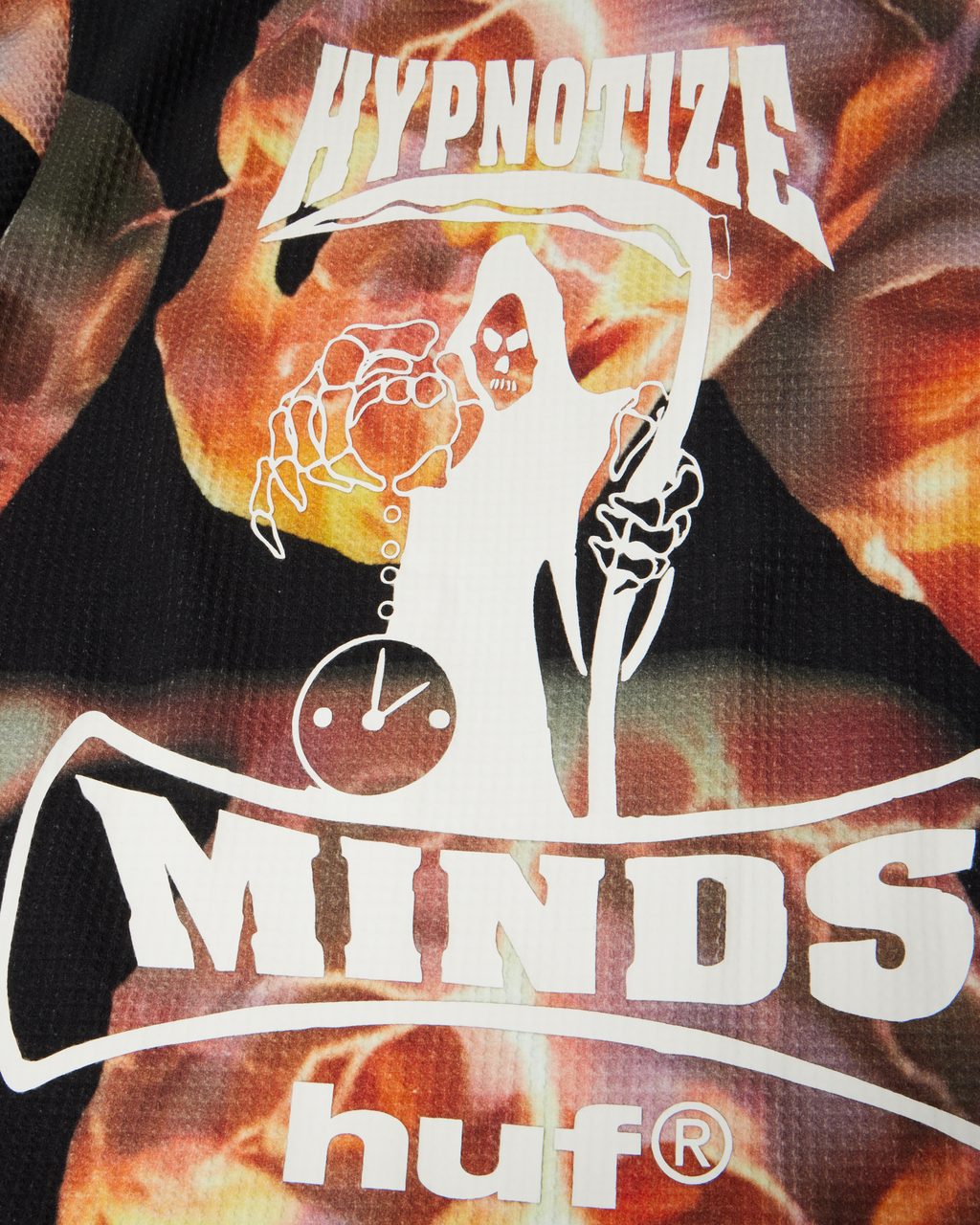 HUF x Three 6 Mafia Torched Long-Sleeve Thermal Shirt - Multi, close-up of the back graphic