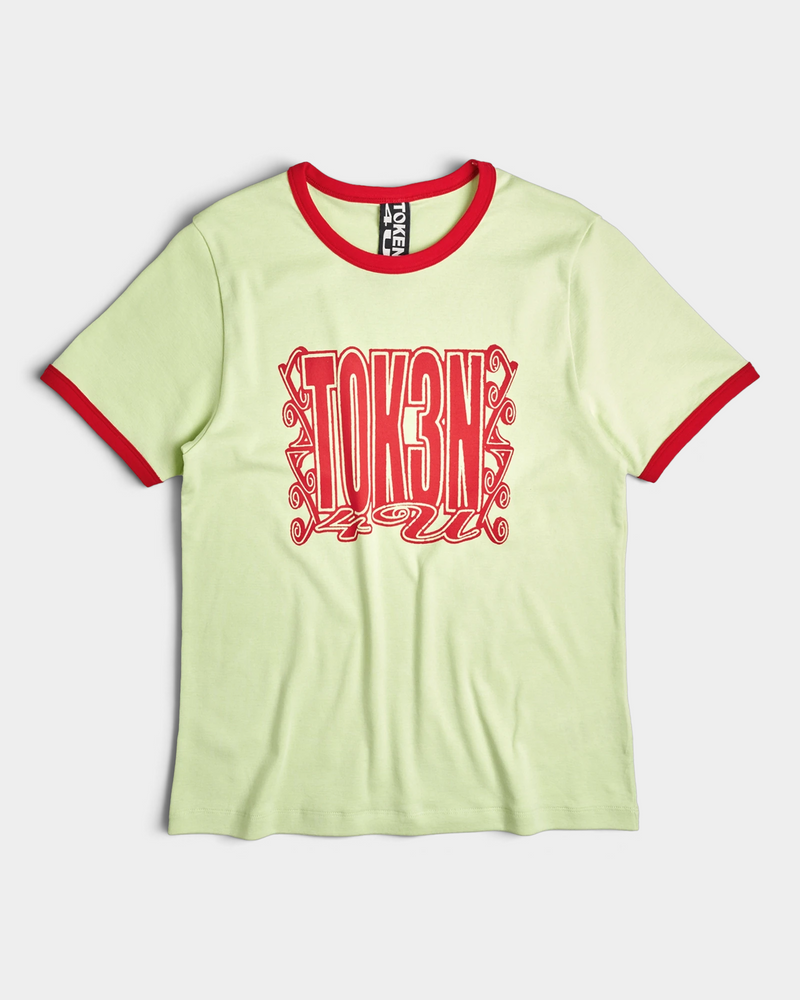 Lockwood Avenue Token Grand Unisex Ringer t-shirt in pale lime with red ribbing and red TOK3N 4 U lettering, front view laid flat
