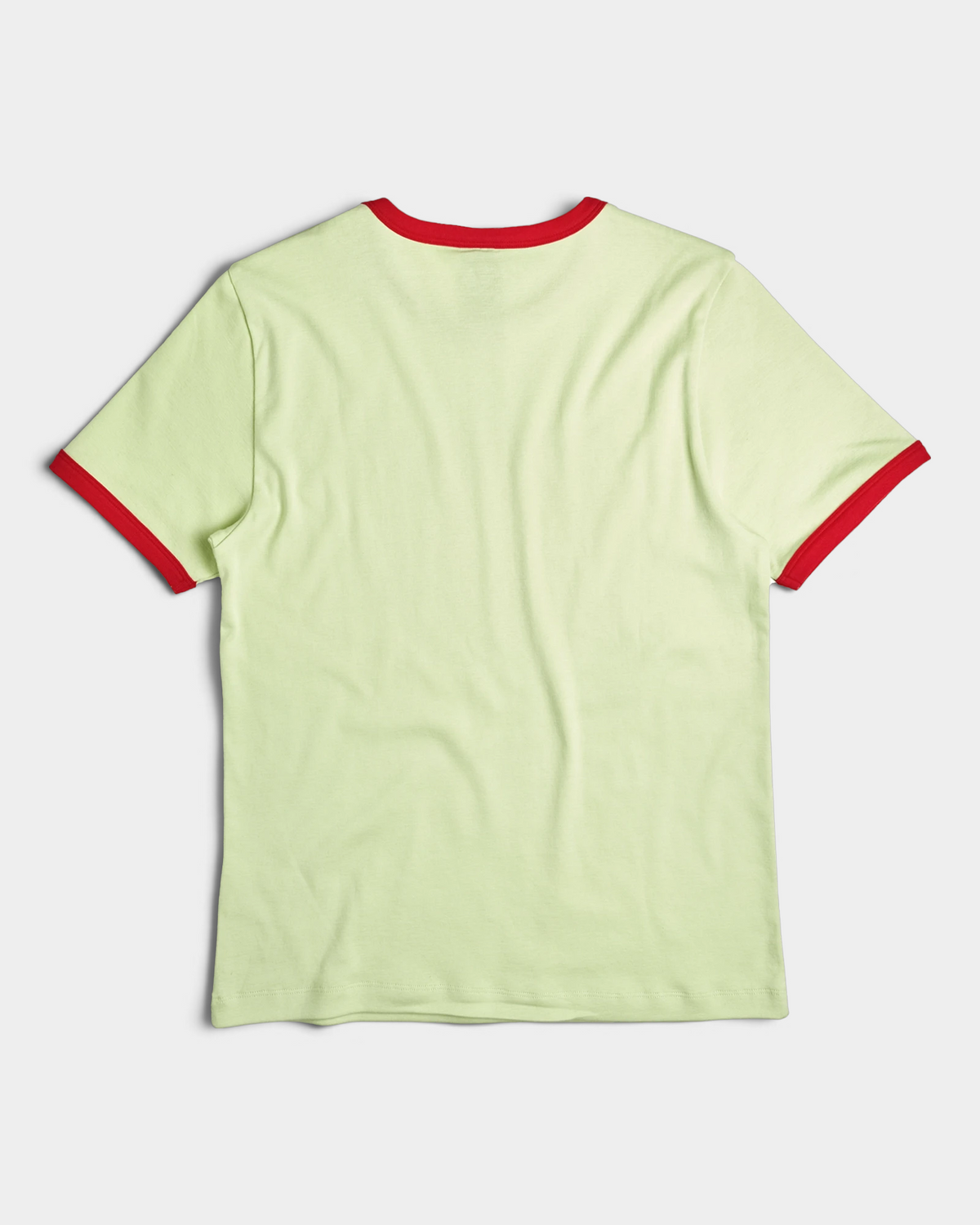 Lockwood Avenue Token Grand Unisex Ringer t-shirt in pale lime with red ribbing and red TOK3N 4 U lettering, back view laid flat, plain