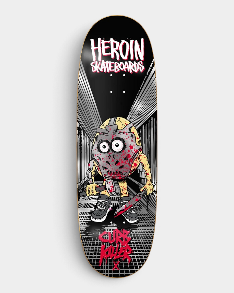 Lockwood Avenue Heroin Curb Killer X 10 inch skateboard deck with a black base, a cracked blood splattered egg character holding a blade and red Curb Killer lettering