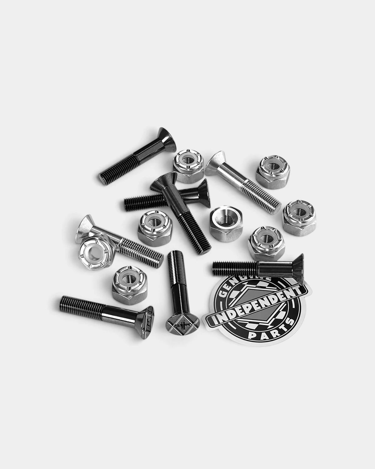 Independent 1 inch Phillips Precision Bolts out of the pack, six black and two silver bolts with silver nylon lock nuts and a Genuine Parts sticker