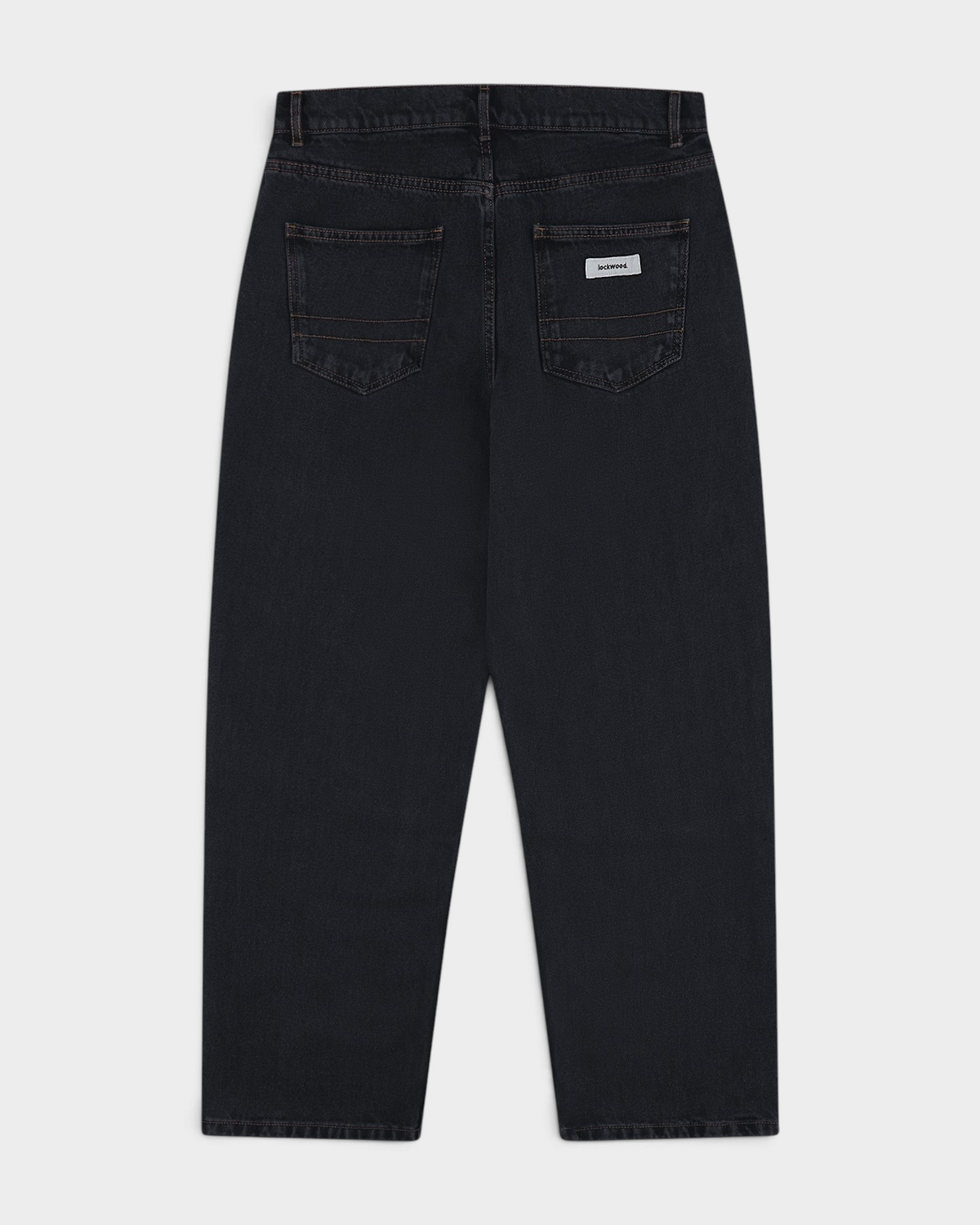 Lockwood Classic Relaxed Jeans in Black Olive, flat-lay back with the lockwood label on the back pocket