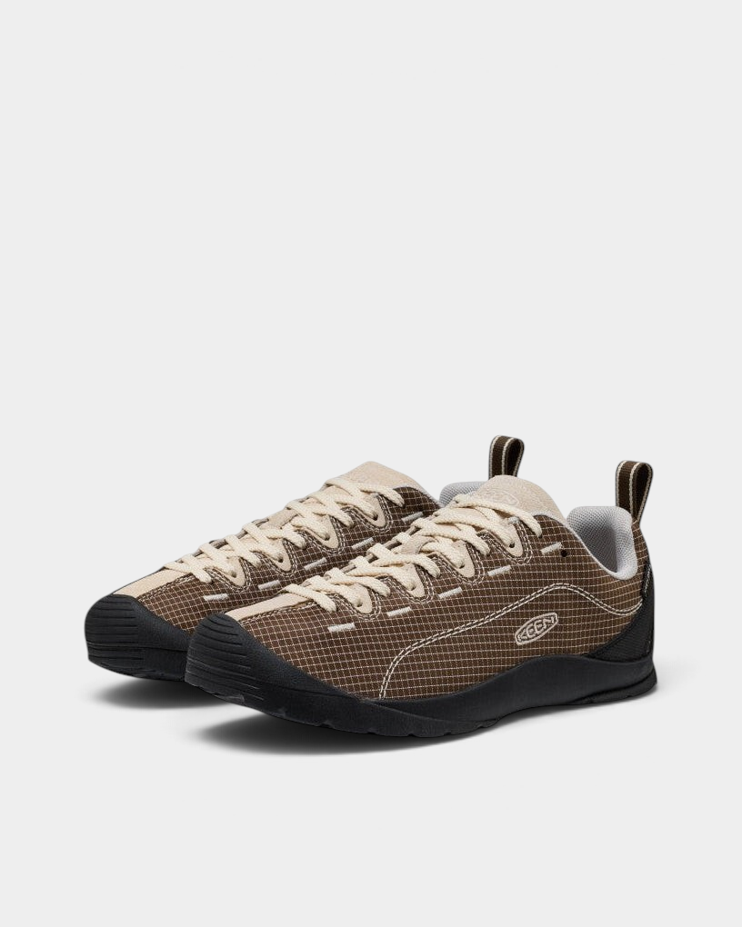 Lockwood Avenue Keen Jasper Shoes in Canteen/Birch, a pair from the front three-quarter, dark brown ripstop with a cream toe box, cream laces and a low black sole