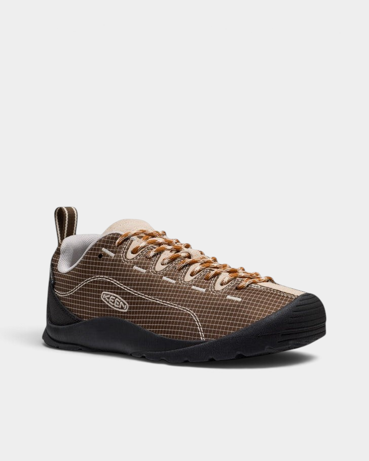 Lockwood Avenue Keen Jasper Shoes in Canteen/Birch, a pair from the back three-quarter, dark brown ripstop with a cream toe box, cream laces and a low black sole