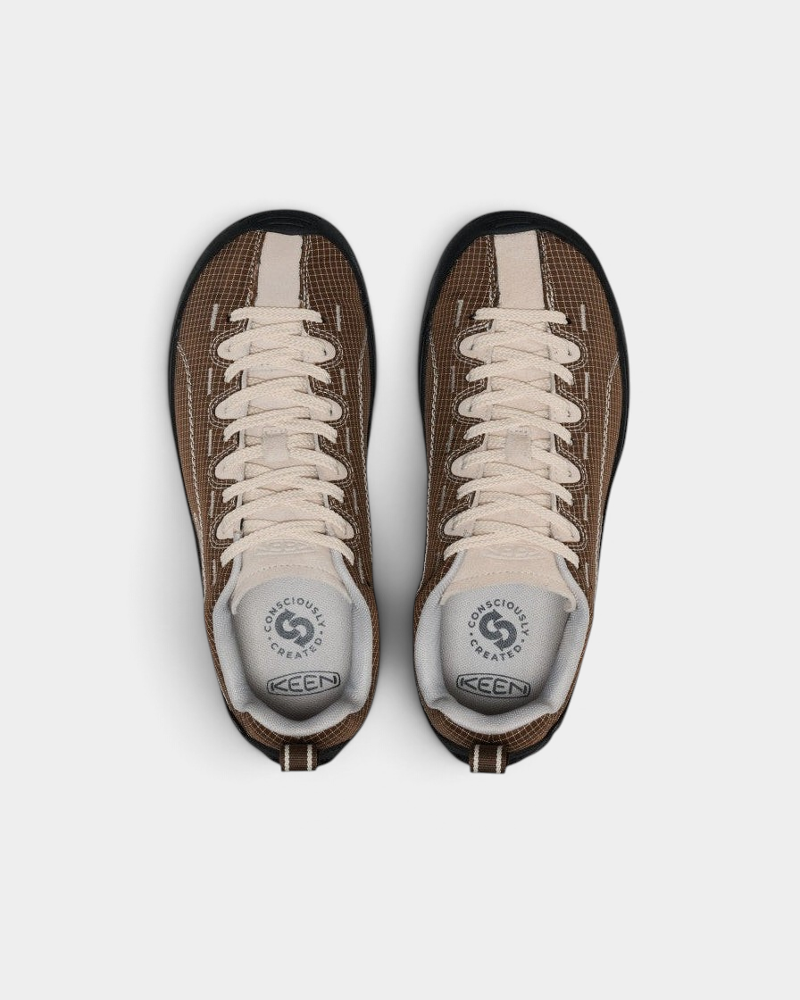 Lockwood Avenue Keen Jasper Shoes in Canteen/Birch, a pair from above, dark brown ripstop with a cream toe box, cream laces and a low black sole