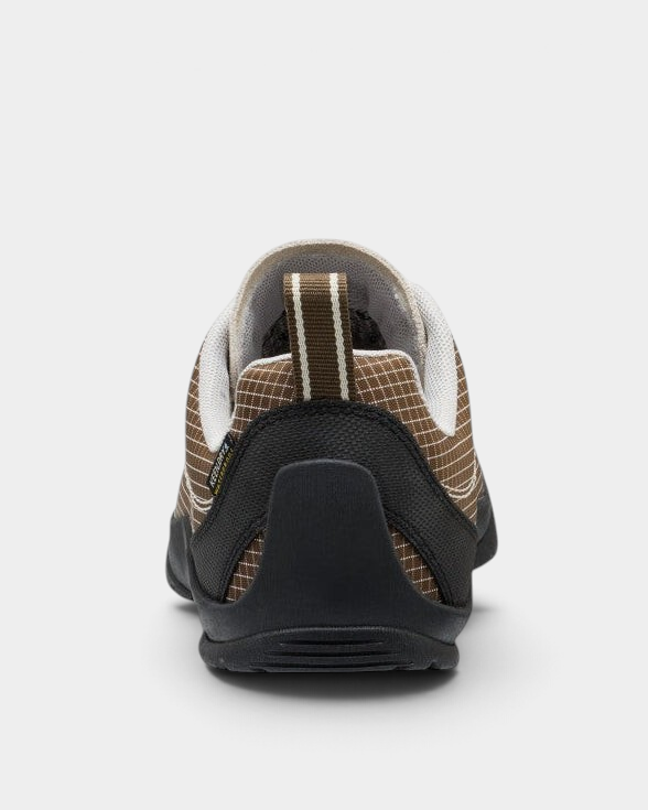 Lockwood Avenue Keen Jasper Shoes in Canteen/Birch, heel view, dark brown ripstop with a cream toe box, cream laces and a low black sole