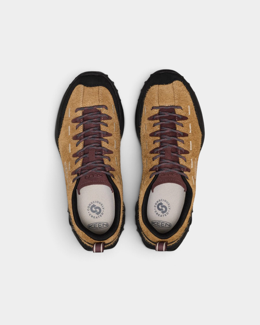 Keen Jasper Zionic Shoes in Chipmunk/Huckleberry, pair from a second angle, shaggy caramel suede with a plum tongue and laces, black toe bumper and black lugged outsole
