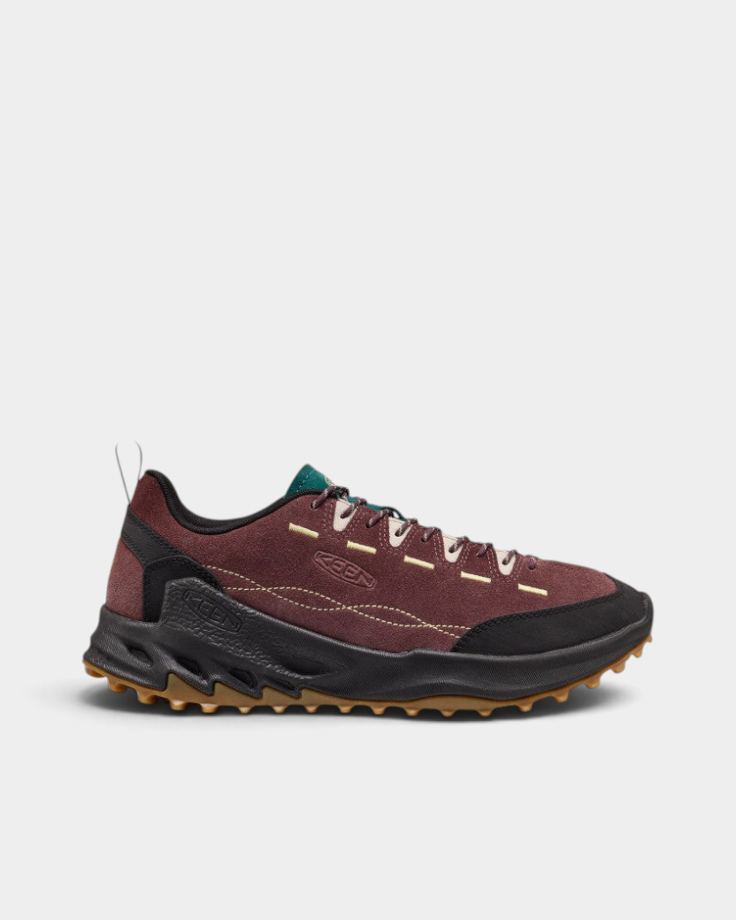 Keen Jasper Zionic Shoes in Huckleberry/Lemongrass, side view of the right shoe, deep wine suede with a black toe bumper, gum lugged outsole and pale yellow stitching