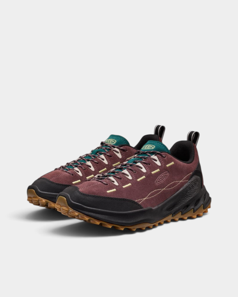 Keen Jasper Zionic Shoes in Huckleberry/Lemongrass, the pair photographed at an angle, deep wine suede with a black toe bumper, gum lugged outsole and pale yellow stitching