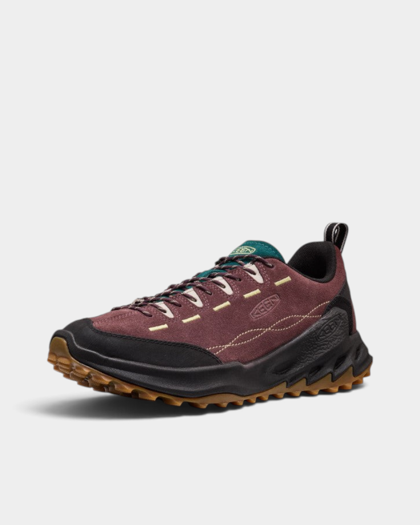 Keen Jasper Zionic Shoes in Huckleberry/Lemongrass, three-quarter view of the right shoe, deep wine suede with a black toe bumper, gum lugged outsole and pale yellow stitching